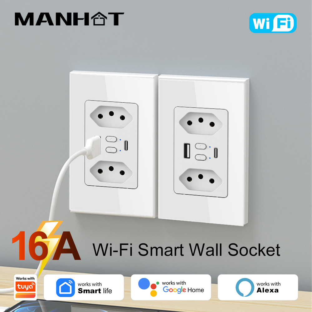 Smart Home Energy - MANHOT ปลั๊กไฟอัจฉริยะ Wifi สำหรับบราซิล พร้อมช่องเสียบ USB