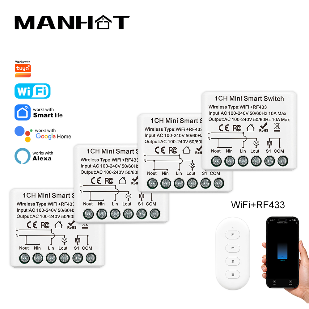 Smart Home Villa - 10A มินิ WIFI สมาร์ทสวิตช์ RF433Mhz รีโมทคอนโทรลไร้สายรีเลย์ไฟเบรกเกอร์ควบคุมด้วยเสียงระบบอัตโนมัติในบ้านทำงานทูย่า